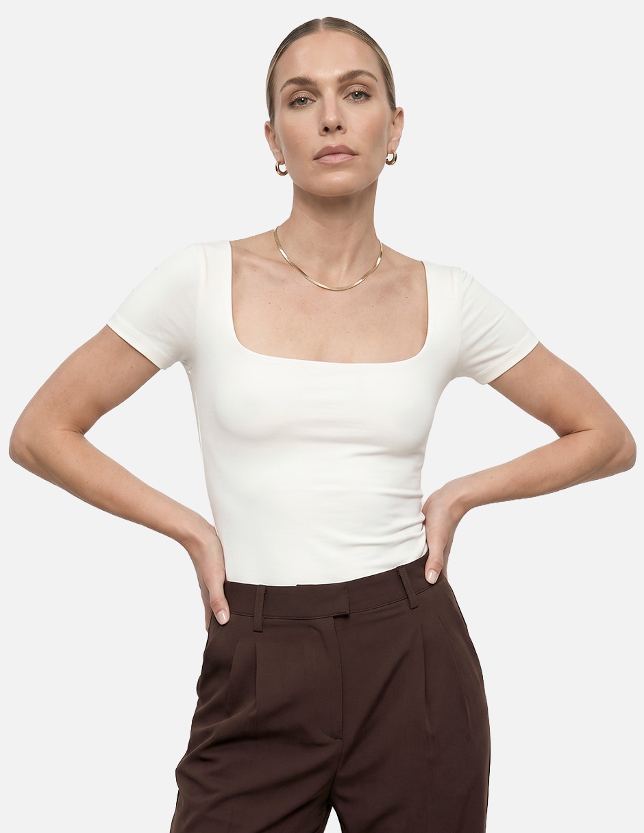 Blusa top contour manga corta y cuello cuadrado manga corta para mujer