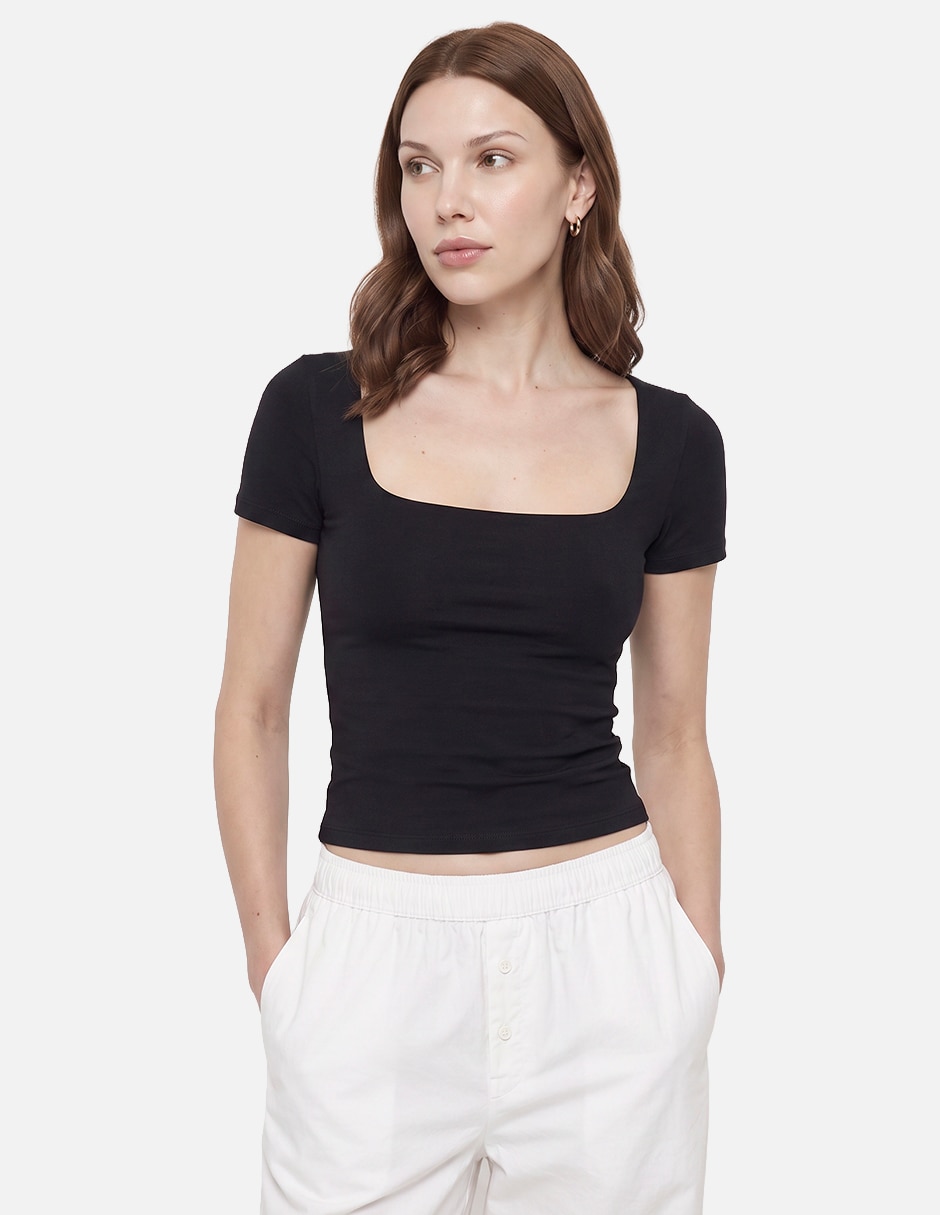 Blusa top contour manga corta y cuello cuadrado manga corta para mujer 1