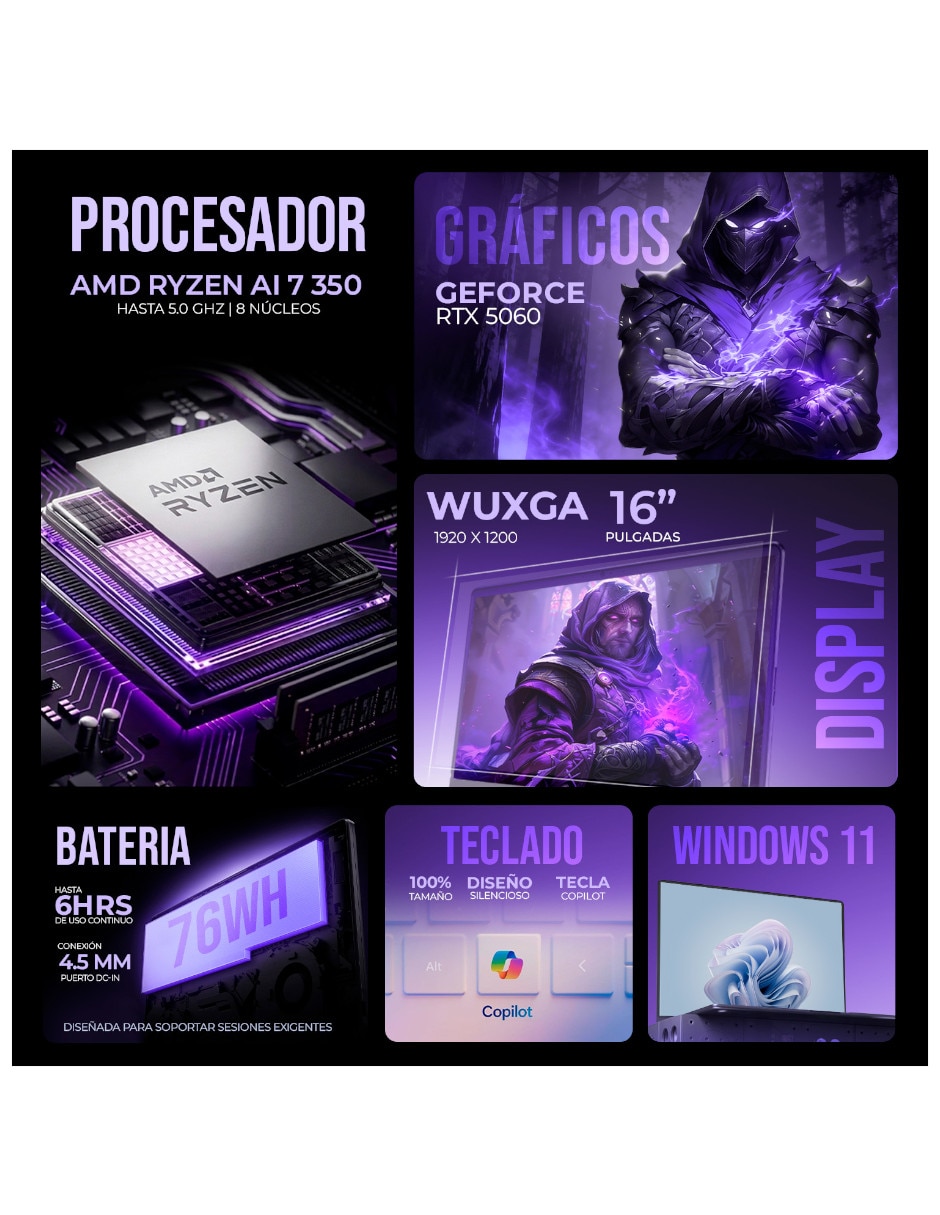 Laptop gamer nh.u25aa.001 16 pulgadas wuxga amd ryzen ai 9 nvidia geforce rtx 5060 16 gb ram 1 tb 5